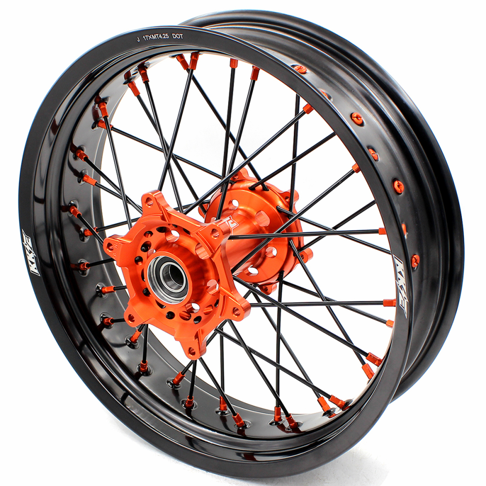 for KTM 125-530CC-KKE 17" Supermoto Wheels for KTM 125-530CC XCW EXC EXCW 2000-2025 / Husqvarna TE TC FE FC 125cc-501cc 2014-2024 CNC Orange Hub/Black Spoke