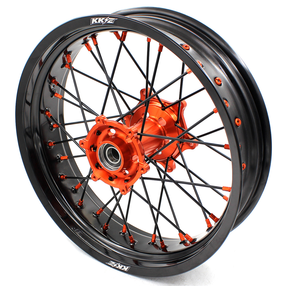 for KTM 125-530CC-KKE 17" Supermoto Wheels for KTM 125-530CC XCW EXC EXCW 2000-2025 / Husqvarna TE TC FE FC 125cc-501cc 2014-2024 CNC Orange Hub/Black Spoke