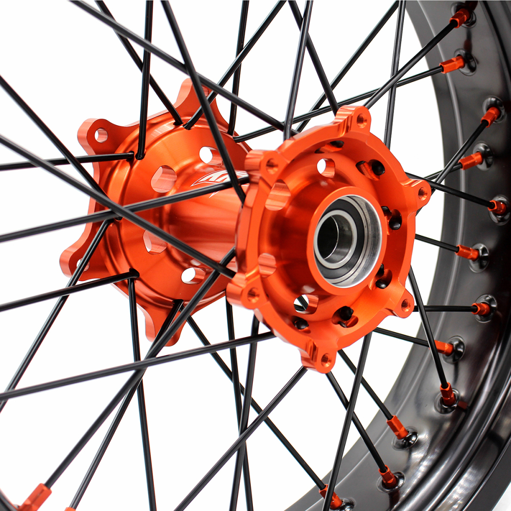 for KTM 125-530CC-KKE 17" Supermoto Wheels for KTM 125-530CC XCW EXC EXCW 2000-2025 / Husqvarna TE TC FE FC 125cc-501cc 2014-2024 CNC Orange Hub/Black Spoke
