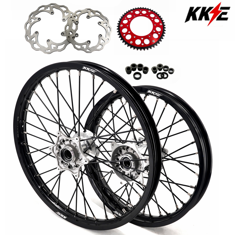 KKE 21/19 MX Casting Wheels Rims set Compatible with KTM EXC-F 125 2003-2025 Silver Hub / Black Spoke
