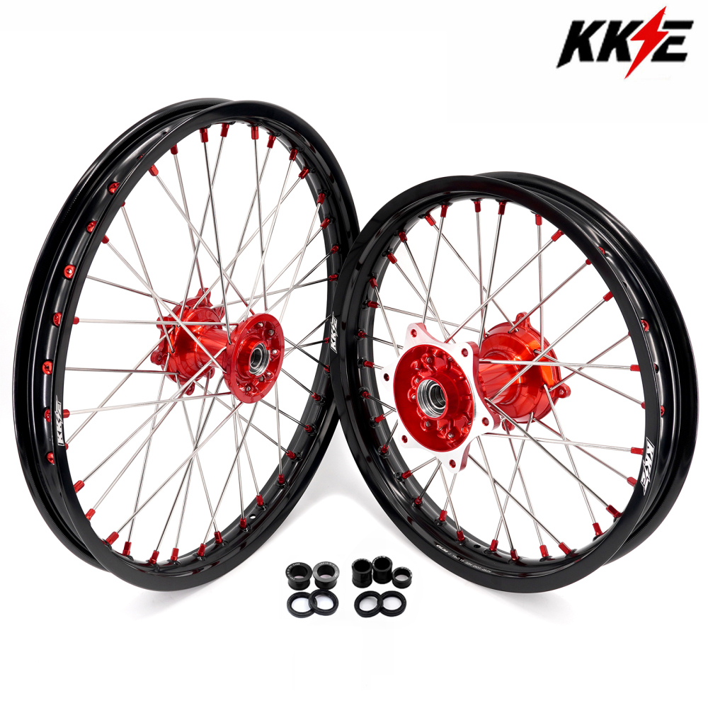 for Honda CRF250R 2004-2013 CRF450R 02-12 -- KKE Cast Dirt Bike Wheels Rims Set Red Cast Hubs