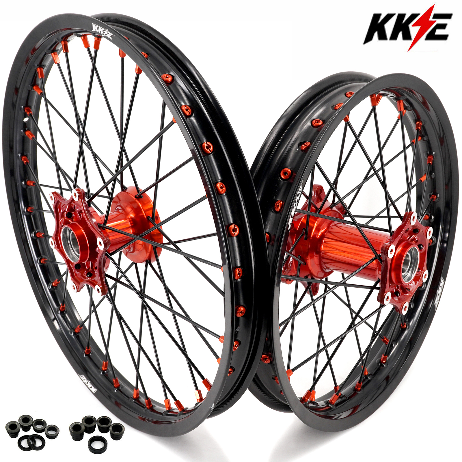 Compatible with 2003-2025 KTM EXC SXF XCW XCF 125-530CC -- KKE Front & Rear Wheels Rims Orange Cast Hubs/ Black Spokes