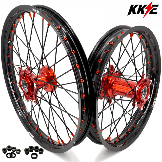 Compatible with 2003-2025 KTM EXC SXF XCW XCF 125-530CC -- KKE Front & Rear Wheels Rims Orange Cast Hubs/ Black Spokes