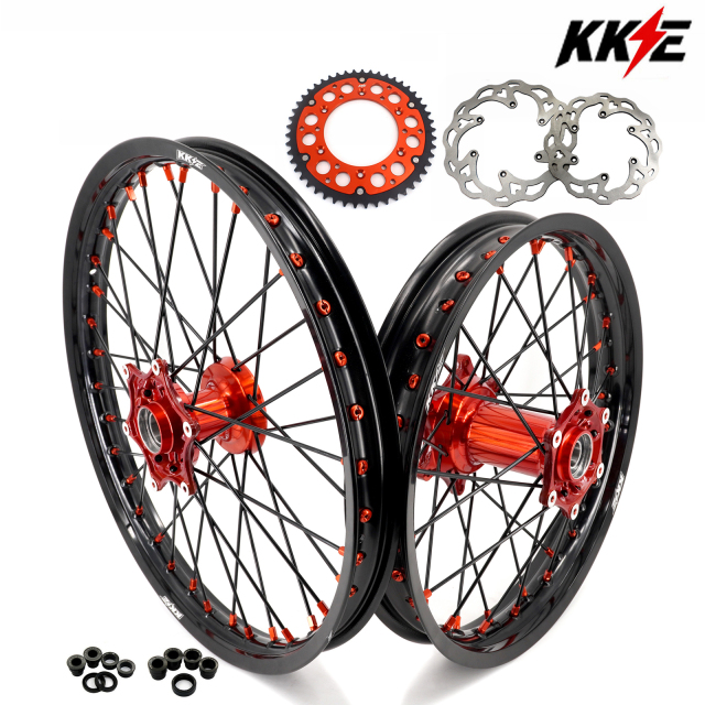 Compatible with 2003-2025 KTM EXC SXF XCW XCF 125-530CC -- KKE Front & Rear Wheels Rims Orange Cast Hubs/ Black Spokes