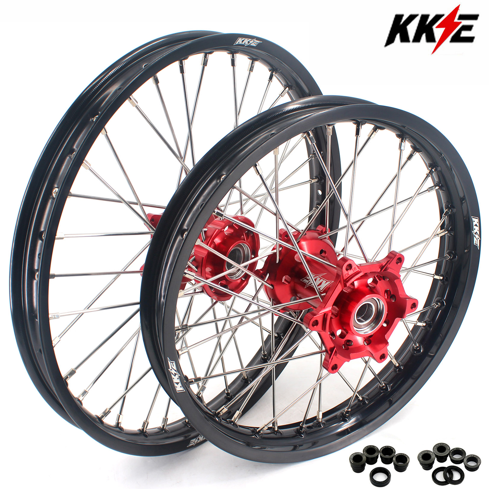 Compatible with 2021-2024 Gas Gas EC EX MC / 2003-2025 KTM EXC SXF XCW XCF 125-530CC -- KKE Front & Rear Wheels Rims Red CNC Hubs