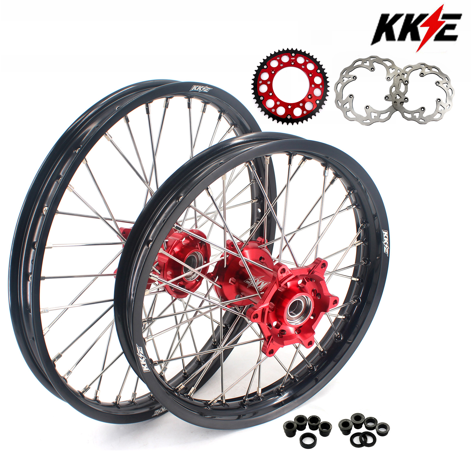 Compatible with 2021-2024 Gas Gas EC EX MC / 2003-2025 KTM EXC SXF XCW XCF 125-530CC -- KKE Front & Rear Wheels Rims Red CNC Hubs