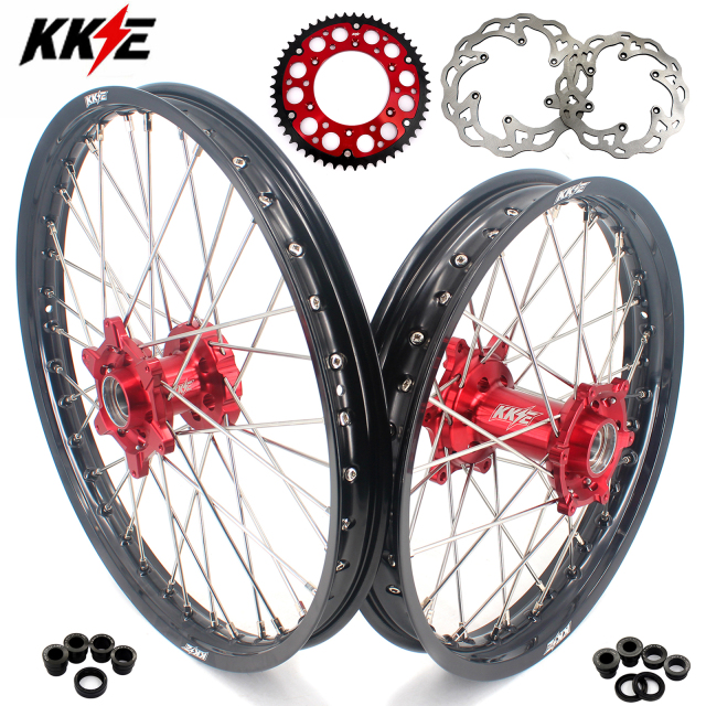 Compatible with 2021-2024 Gas Gas EC EX MC / 2003-2025 KTM EXC SXF XCW XCF 125-530CC -- KKE Front & Rear Wheels Rims Red CNC Hubs