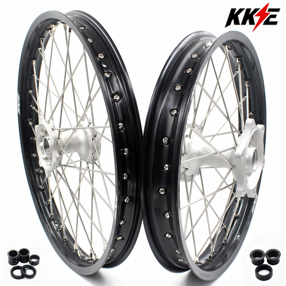 for Honda CRF250R 2004-2013 CRF450R 02-12 -- KKE 21/19 MX Cast Wheels Rims Set Silver Cast Hubs