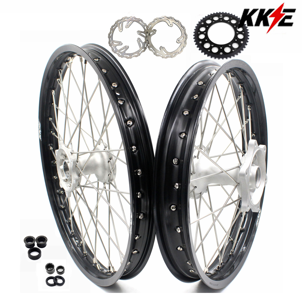 for Honda CRF250R 2004-2013 CRF450R 02-12 -- KKE 21/19 MX Cast Wheels Rims Set Silver Cast Hubs