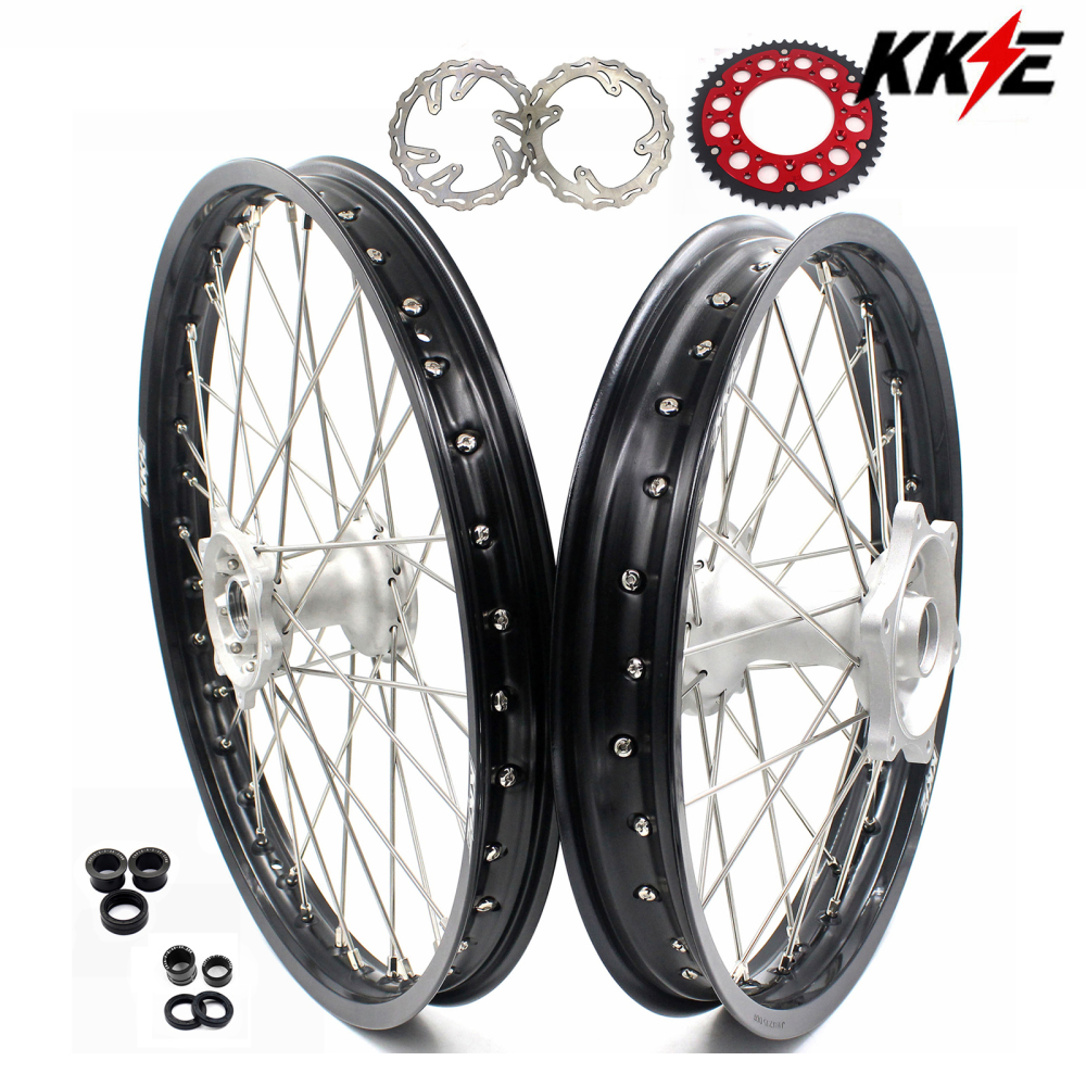 for Honda CRF250R 2004-2013 CRF450R 02-12 -- KKE 21/19 MX Cast Wheels Rims Set Silver Cast Hubs