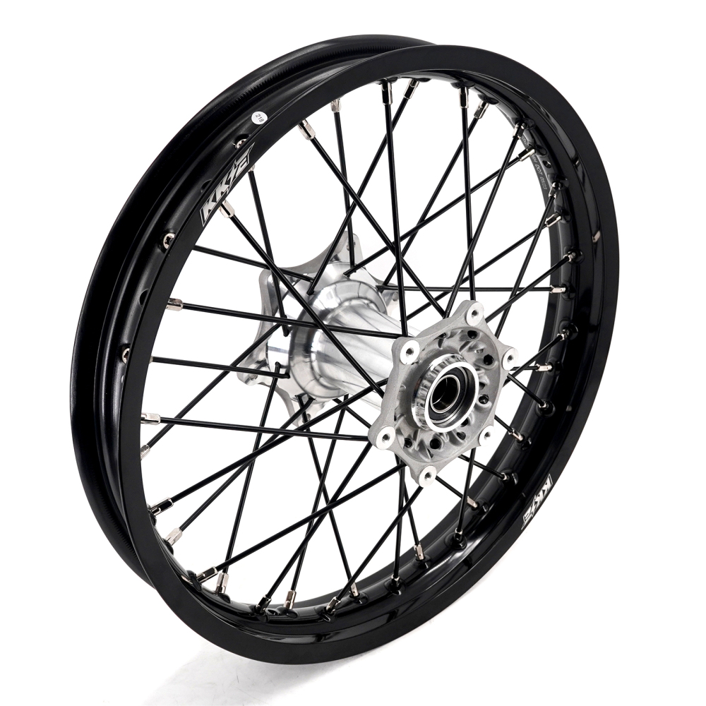 KKE 21/19 MX Casting Wheels Rims set Compatible with KTM EXC-F 125 2003-2025 Silver Hub / Black Spoke