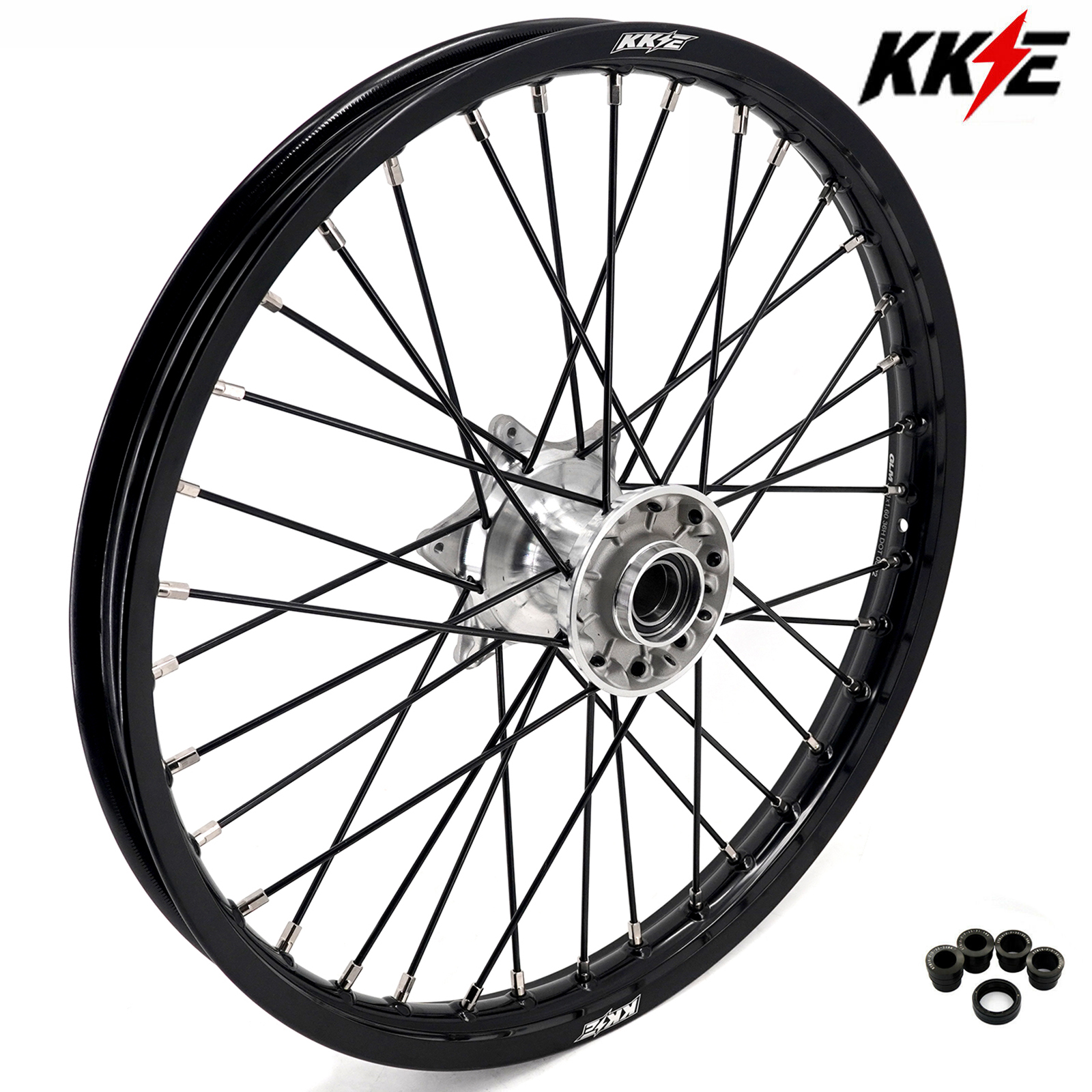 Compatible with 2003-2025 KTM EXC SXF XCW XCF-- KKE 1.6*21" Casting Front Wheel Rim Silver Hub / Black Spoke