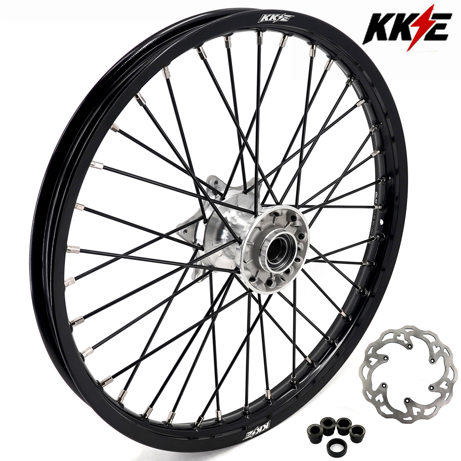 Compatible with 2003-2025 KTM EXC SXF XCW XCF-- KKE 1.6*21" Casting Front Wheel Rim Silver Hub / Black Spoke