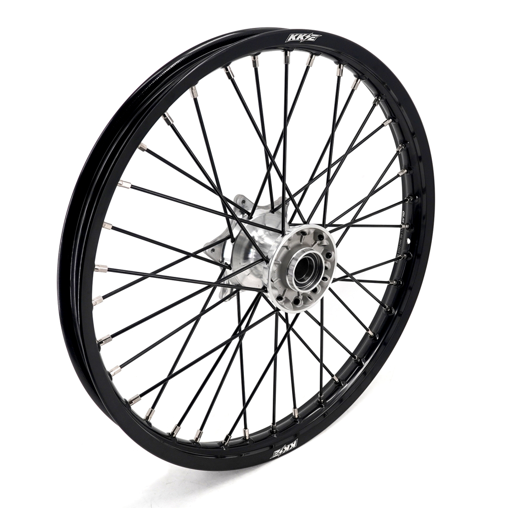 KKE 21/19 MX Casting Wheels Rims set Compatible with KTM EXC-F 125 2003-2025 Silver Hub / Black Spoke