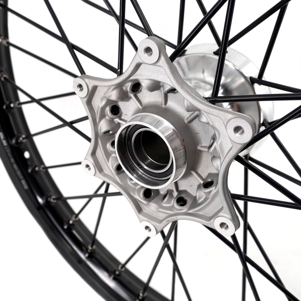 KKE 21/19 MX Casting Wheels Rims set Compatible with KTM EXC-F 125 2003-2025 Silver Hub / Black Spoke