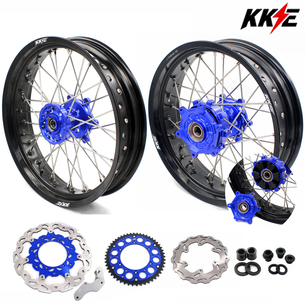 for DRZ400SM 05-25 DRZ400S 00-25 DRZ400 E - KKE Cush Drive Supermoto Motard Wheels fit Suzuki CNC Hubs 3.5*17"/4.25*17" with Discs & a Sprocket (Blue Hub/ Gold Hub/ Black Hub / Red Hub / Silver Hub / Black Rim)