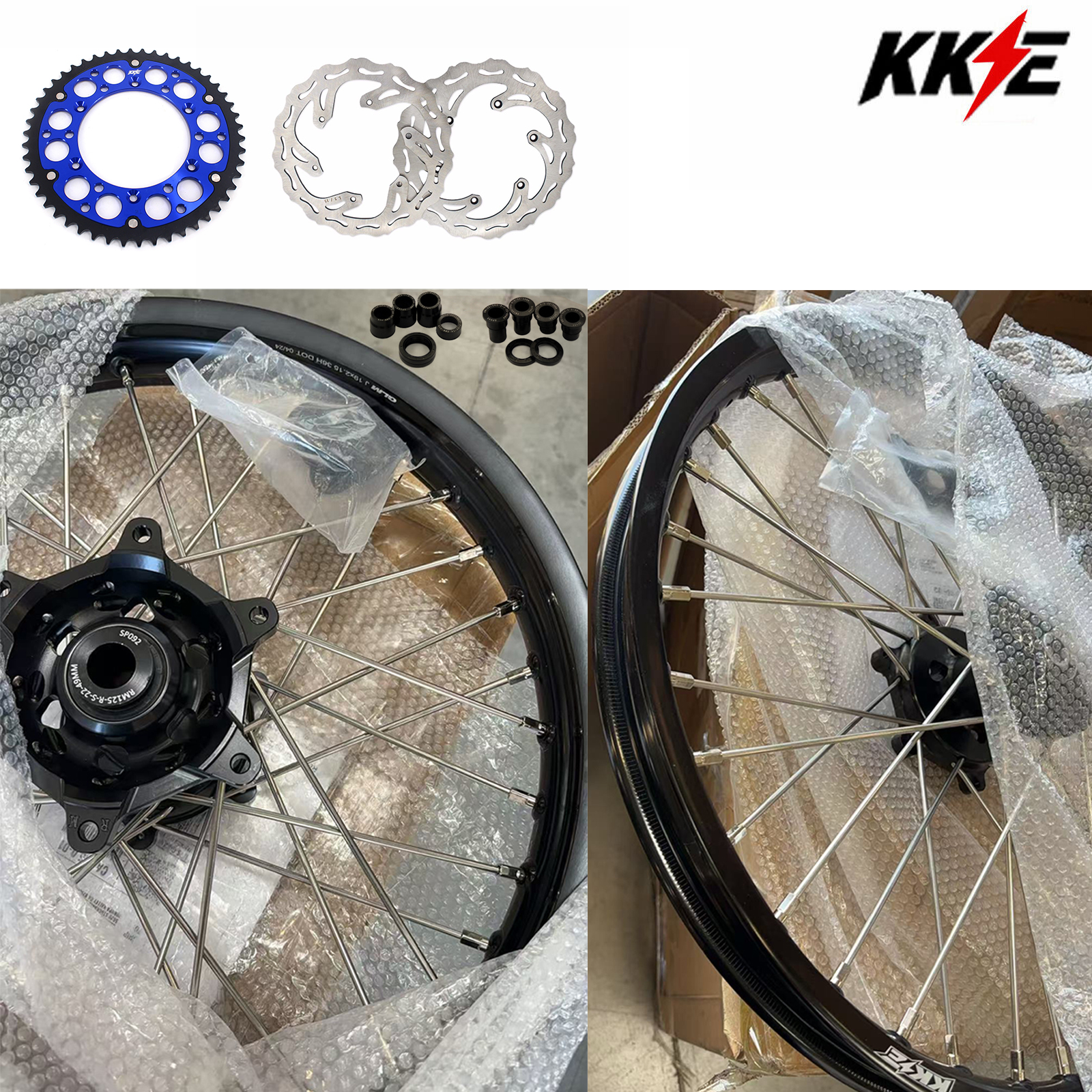 Returned Wheels for RM125 RM250 1996-2000-- KKE Dirt Bike Wheels fit Suzuki Black Rim CNC Black Hub with Discs & a Rear Sprocket