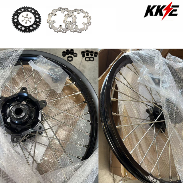 Returned Wheels for RM125 RM250 1996-2000-- KKE Dirt Bike Wheels fit Suzuki Black Rim CNC Black Hub with Discs & a Rear Sprocket