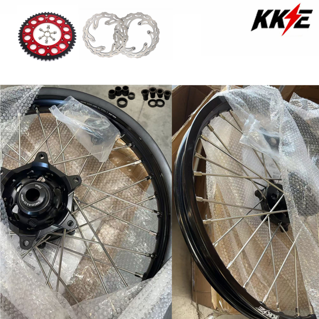 Returned Wheels for RM125 RM250 1996-2000-- KKE Dirt Bike Wheels fit Suzuki Black Rim CNC Black Hub with Discs & a Rear Sprocket