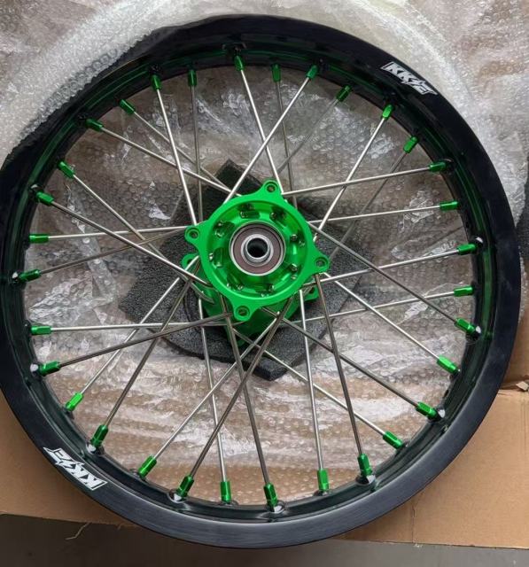19/16 Returned Wheels for KX85 2000-2025/ KX100 KX112 KX80 93-2000 --- KKE 19/16 Kid's Dirt Bike Wheels for Kawasaki Green Nipple