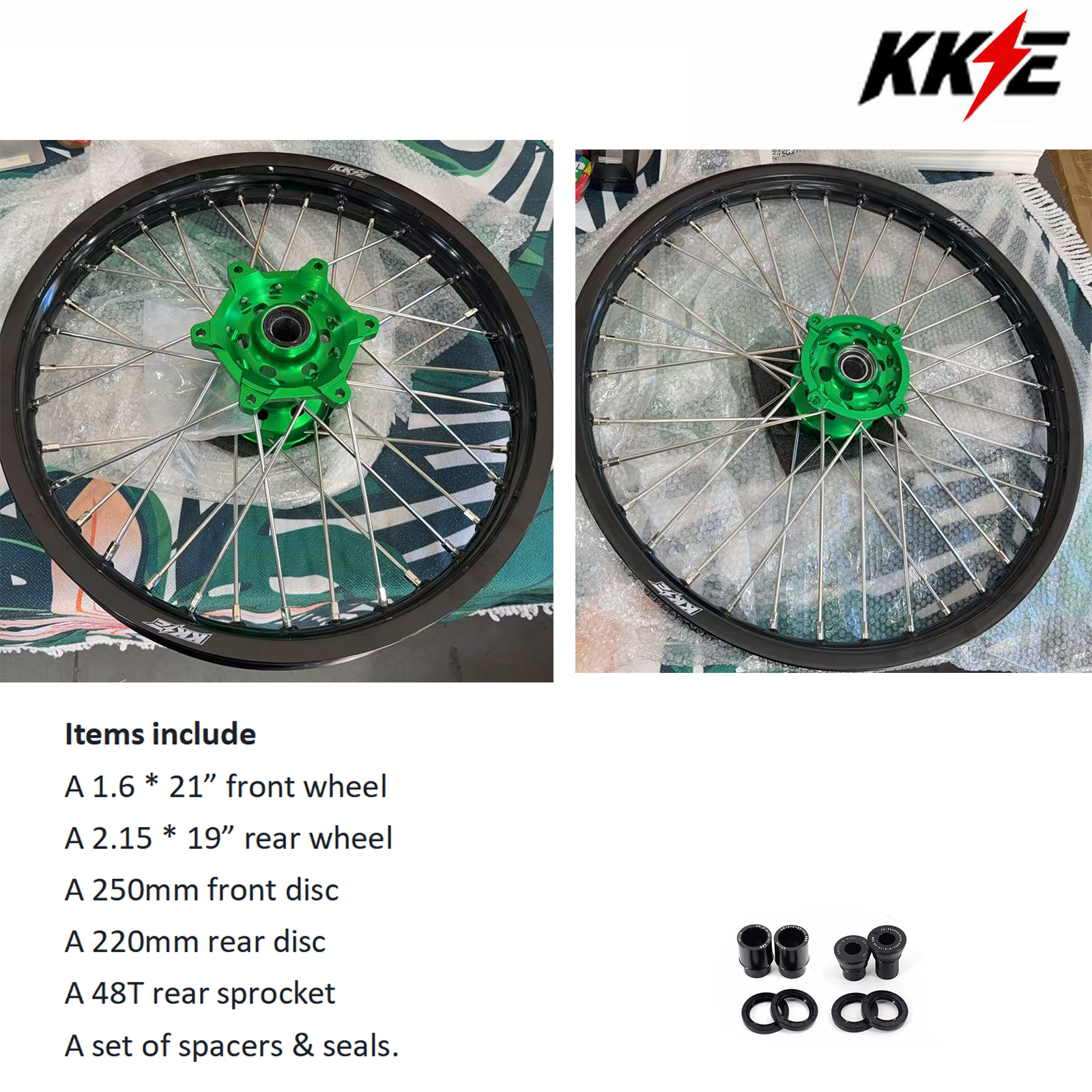 Used Wheels for Kawasaki KX125 KX250 1993-2002 -- KKE 21/19 Dirt Bike Rims Wheels Silver Spoke Nipples