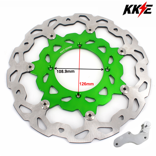 For KAWASAKI KX250 KX450F 2006-2018 - KKE 320MM Green Oversize Floating Brake Disc Rotor + Silver Bracket Adapter