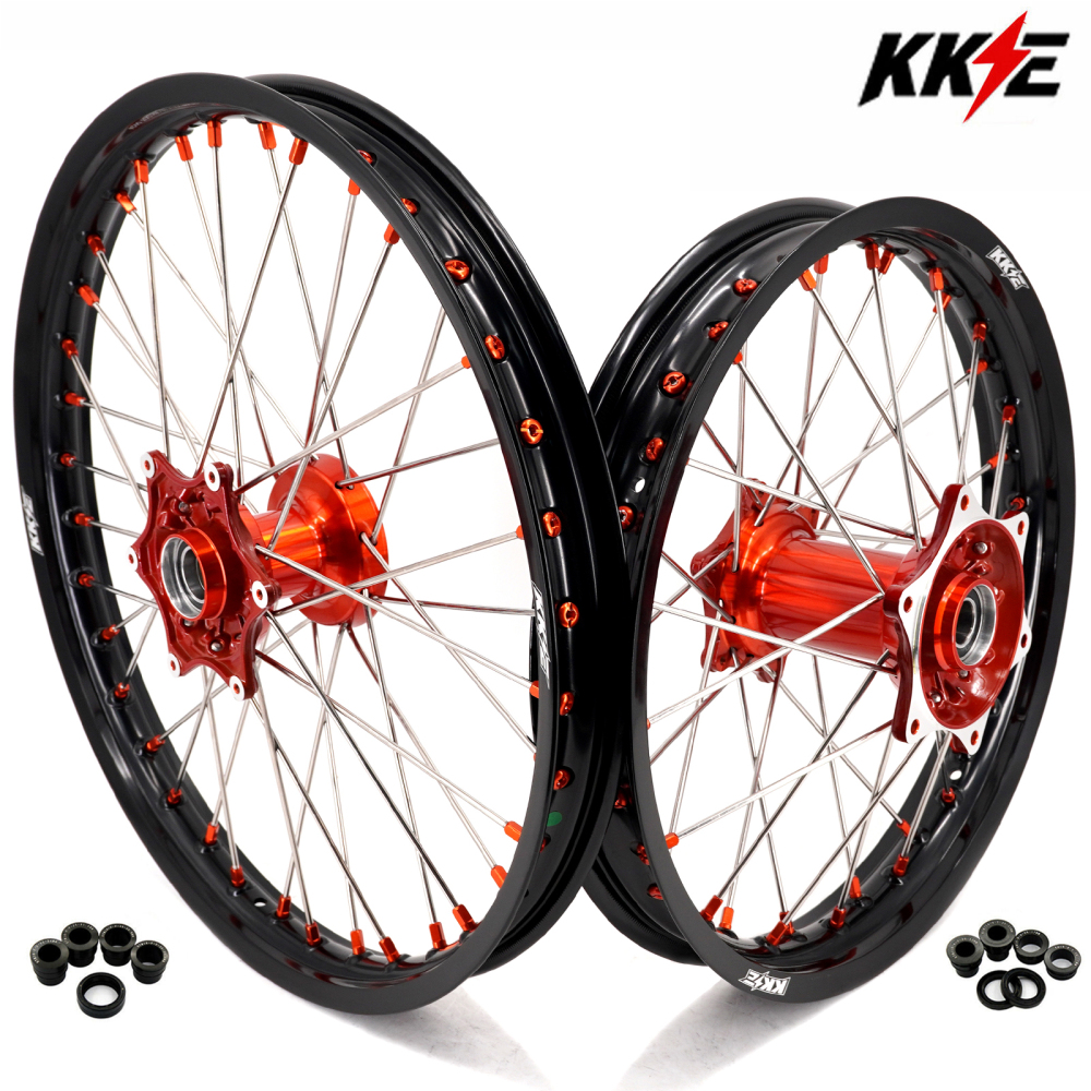 KKE Casting Wheels Rims Set Compatible with KTM EXC-F 125 2003-2025 / Husqvarna FE FC 2014-2024 Silver Hub / Black Spoke