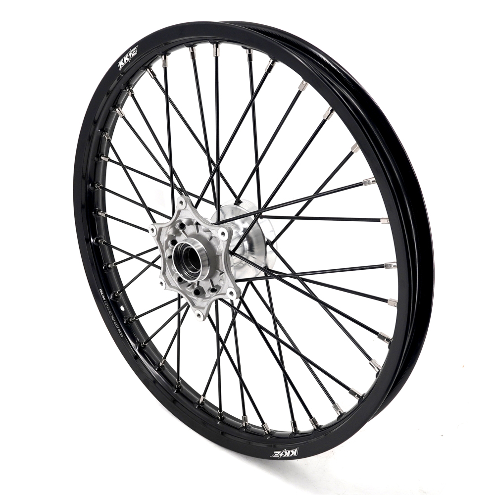 KKE 21/19 MX Casting Wheels Rims set Compatible with KTM EXC-F 125 2003-2025 Silver Hub / Black Spoke