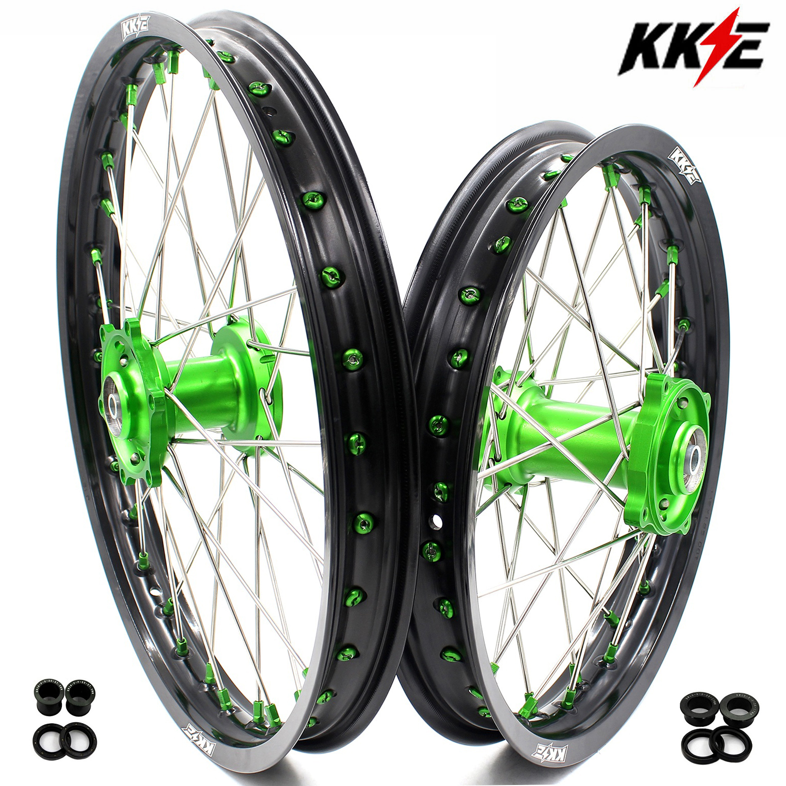 New-Other Wheels for Kawasaki KX80 93-2000/ KX85 2000-2025/ KX100 KX112 -- KKE 19/16 Kid's Dirt Bike Wheels CNC Hubs Green Nipple