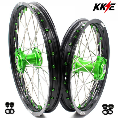 New-Other Wheels for Kawasaki KX80 93-2000/ KX85 2000-2025/ KX100 KX112 -- KKE 19/16 Kid's Dirt Bike Wheels CNC Hubs Green Nipple
