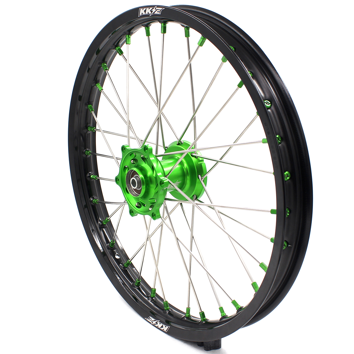 New-Other Wheels for Kawasaki KX80 93-2000/ KX85 2000-2025/ KX100 KX112 -- KKE 19/16 Kid's Dirt Bike Wheels CNC Hubs Green Nipple