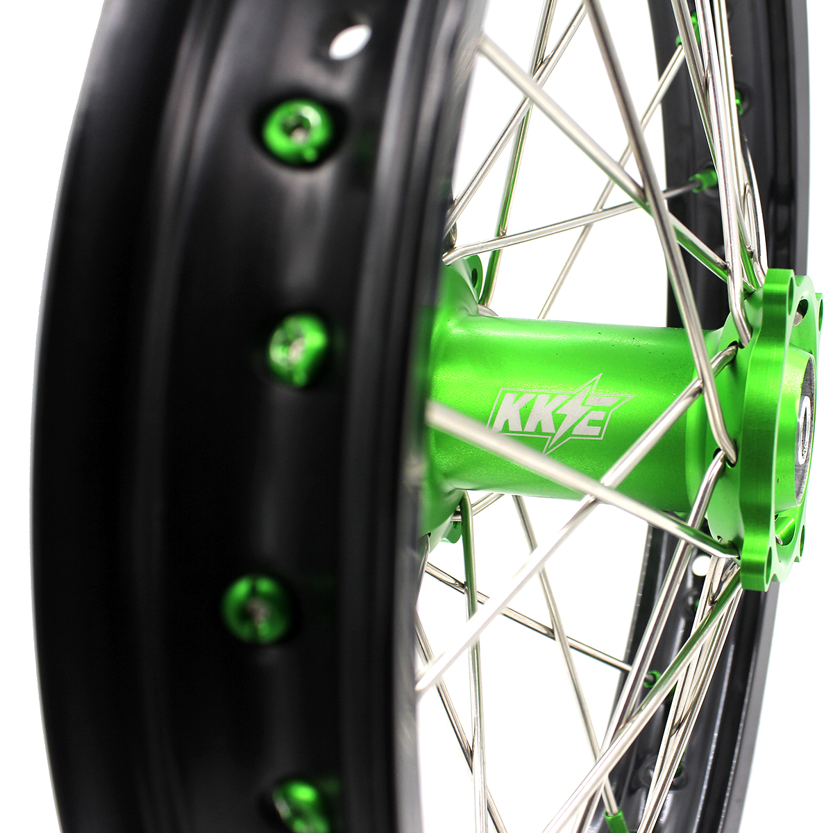 New-Other Wheels for Kawasaki KX80 93-2000/ KX85 2000-2025/ KX100 KX112 -- KKE 19/16 Kid's Dirt Bike Wheels CNC Hubs Green Nipple