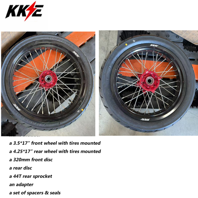 Used Wheels for CRF250R 2004-2013 CRF450R 2002-2012 -- KKE 3.5/4.25 Complete Supermoto Wheels with CST Tire for Honda CNC Red Hubs