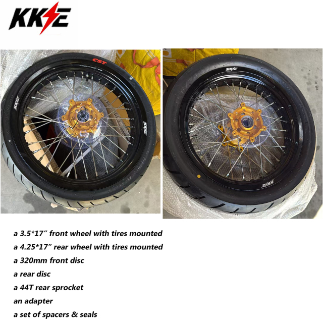 Returned Wheels fit SUZUKI DRZ400 DRZ400E DRZ400S -- KKE 3.5/4.25*17 Supermoto Wheels Rims Set  with CST Tire Gold Hub