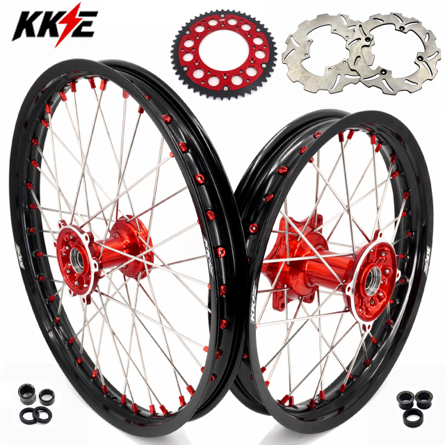 New-Other 21/19 Wheels for Honda CRF250R 2004-2013 CRF450R 02-12 -- KKE Cast Dirt Bike Wheels Rims Set Red Cast Hubs with Discs & a Rear Sprocket