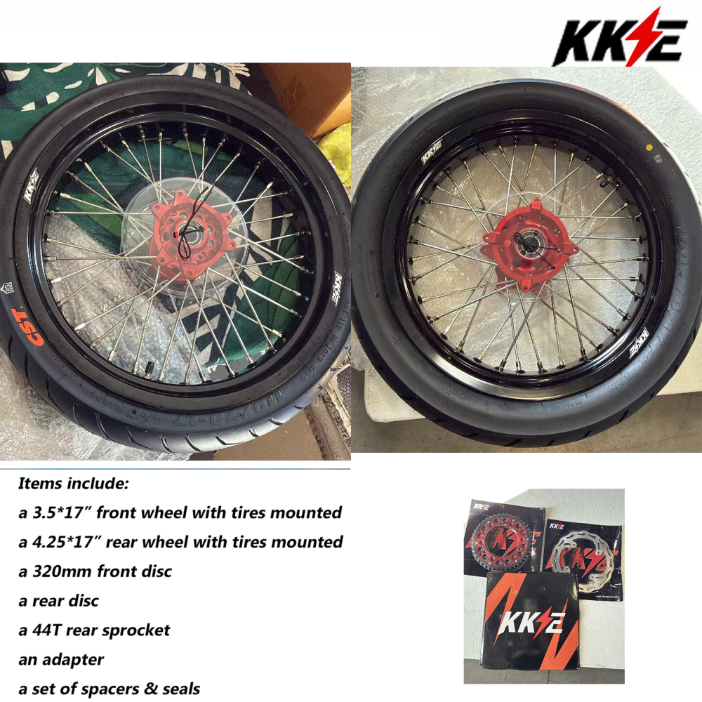 New-Other Wheels for Honda XR650L 1993-2024 -- KKE Supermoto Wheels with CST Tires Mounted 3.5*17"/4.25*17 Rims