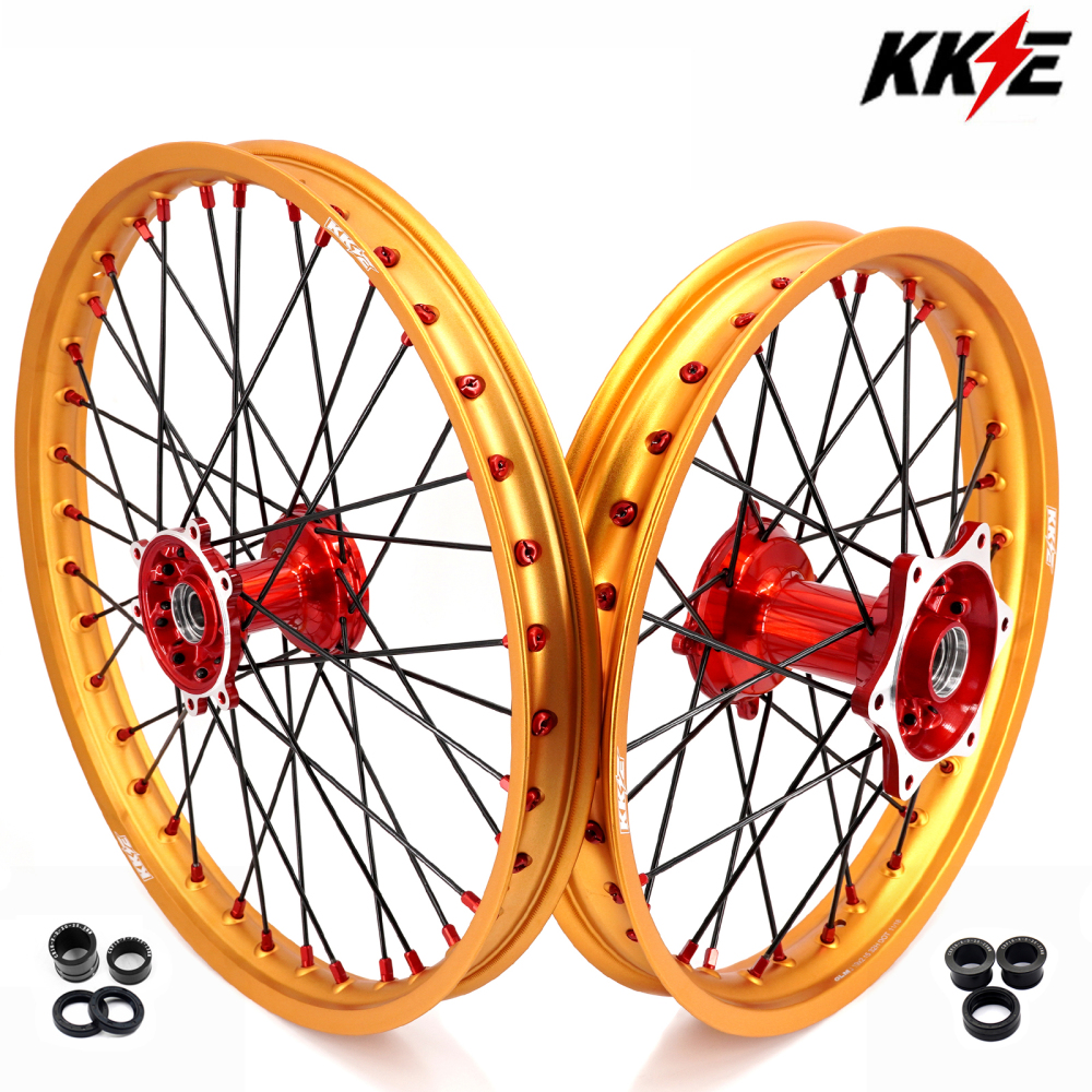 for Honda CRF250R 2004-2013 CRF450R 02-12 -- KKE Cast Dirt Bike Wheels Rims Set Gold Rims Red Cast Hub