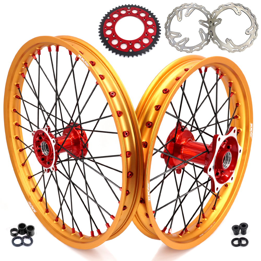for Honda CRF250R 2004-2013 CRF450R 02-12 -- KKE Cast Dirt Bike Wheels Rims Set Gold Rims Red Cast Hub