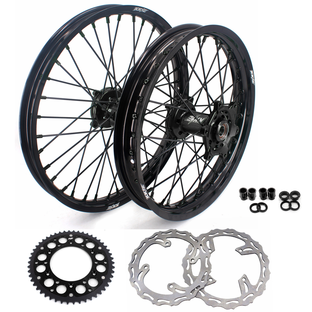 KKE 21/19 Dirt Bike Rims Wheels for Kawasaki KX125 KX250 1993-2002 Black Spokes/ Black Hubs