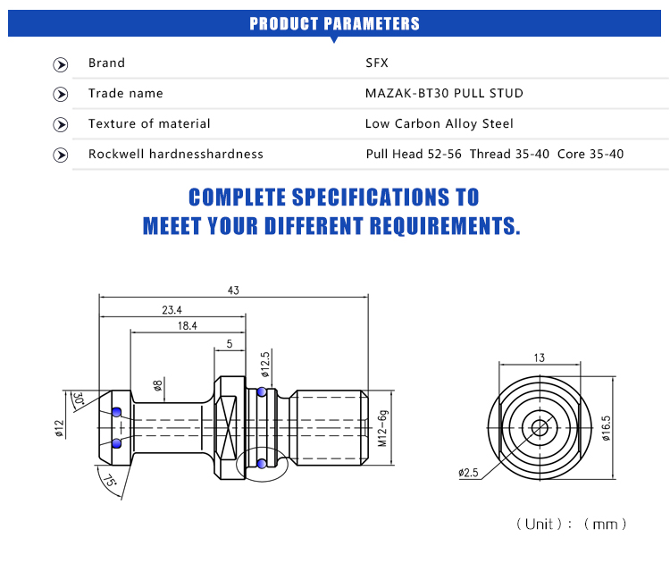 Mazak-BT30 M12 Thread Pull Stud With O Ring 