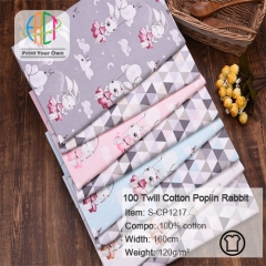 S-CP1217 Twill 100% Cotton Poplin Fabric Rabbit Printed,120gsm,160cm，MOQ=50m