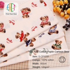 S-CP1233 Twill 100% Cotton Poplin Fabric Printed Cartoon Bear,120gsm,160cm,MOQ=50m