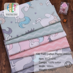 S-CP1235 Twill 100% Cotton Poplin Fabric Printed Unicorn,120gsm,160cm,MOQ=50m