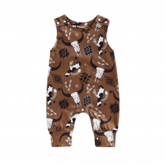 G021 Western Baby Boy Girl Clothes Cow Print Jumpsuit Sleeveless Button Romper Infant Summer Cloth