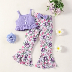 G025 Custom Toddler Girl's 2 Piece Outfit Floral Print Graphic Short Sleeve Tee and Flare Pants Set