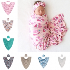 G017  80x80cm/Jersey Knitted Swaddle Blanket for Baby, Soft Stretchy Receiving Blanket for Newborns with Hat or Headband Bow