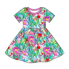 G005 Custom Knitted Cotton Short Sleeve Kids' Dress Strawberry Print Dress