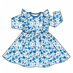 G045 Customized Print Long Flutter Sleeves Summer Dresses for Baby Girls