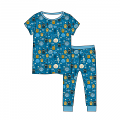 G043 Customized 2 Pieces Set Long Pants Short Sleeves Round Neck Baby Pajamas