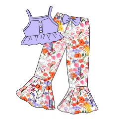 G025 Custom Toddler Girl's 2 Piece Outfit Floral Print Graphic Short Sleeve Tee and Flare Pants Set